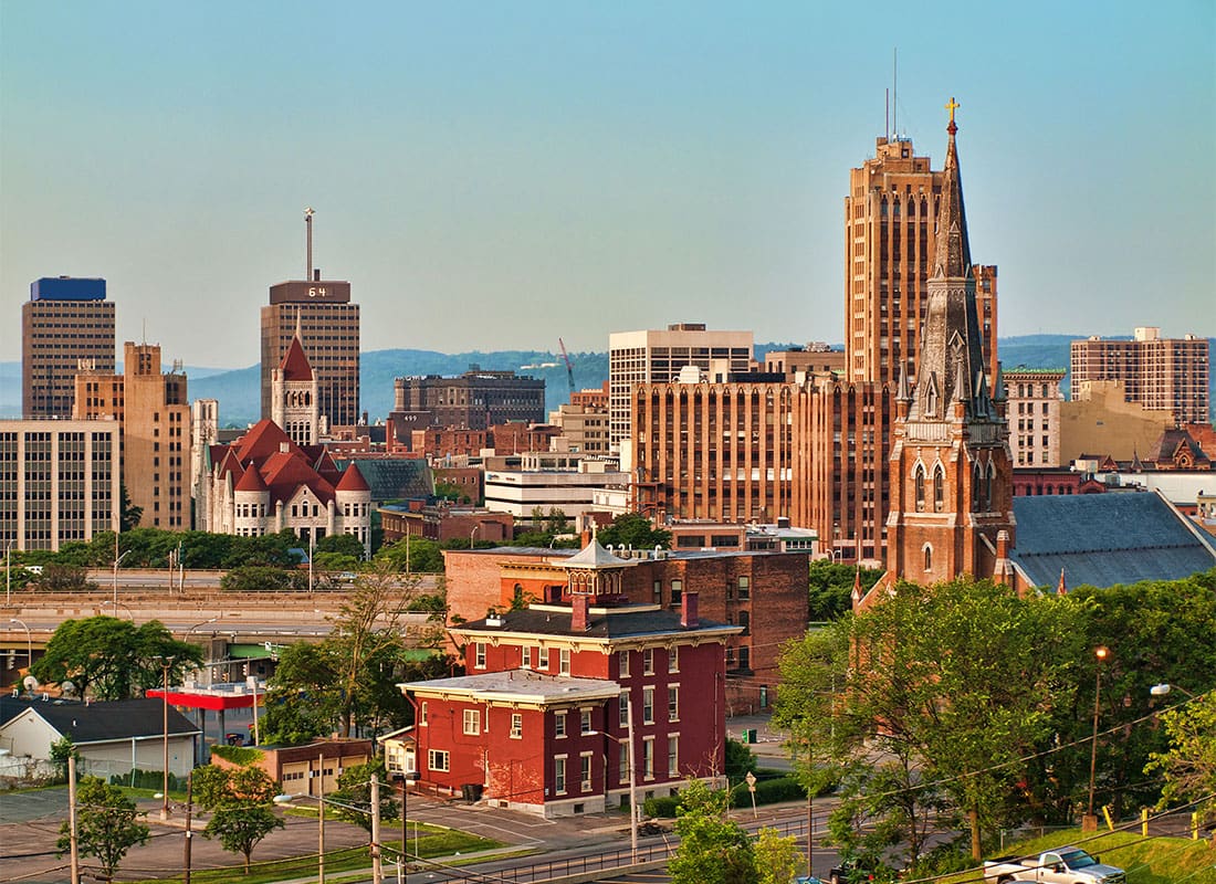 Marcellus, NY - Aerial View of Commercial Buildings in Downtown Marcellus New York on a Sunny Afternoon